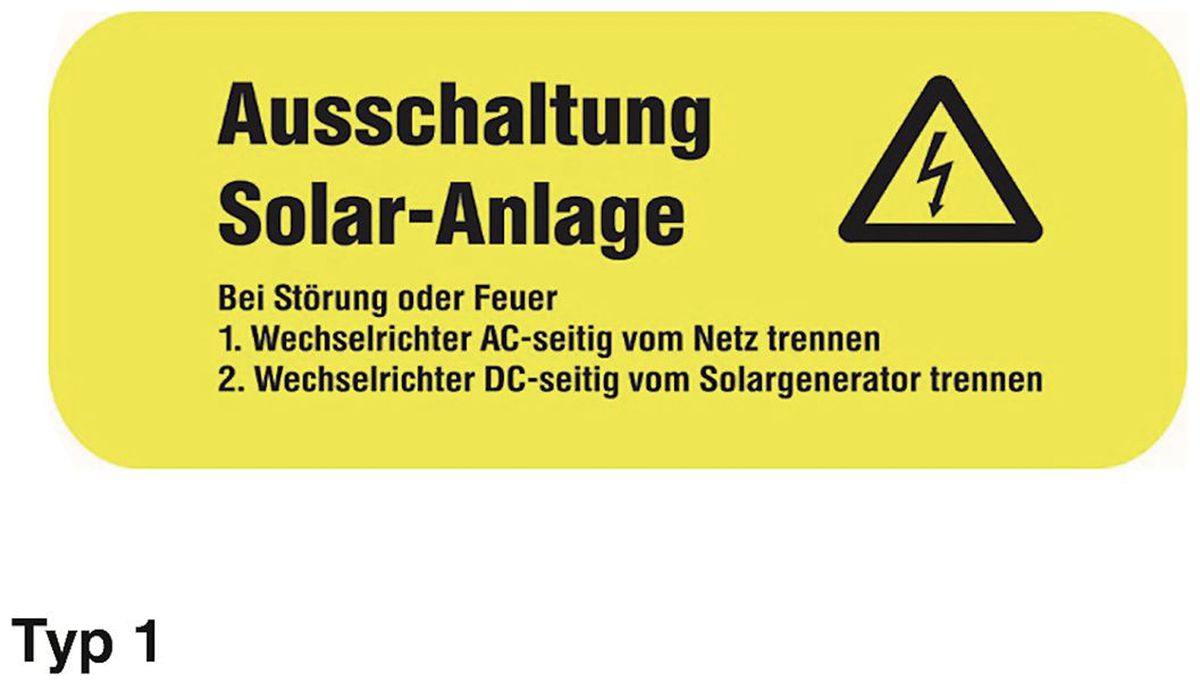 Étiquette Plica EET UV SO type 1 "Ausschaltung Solar-Anlage" 40×90mm jaune