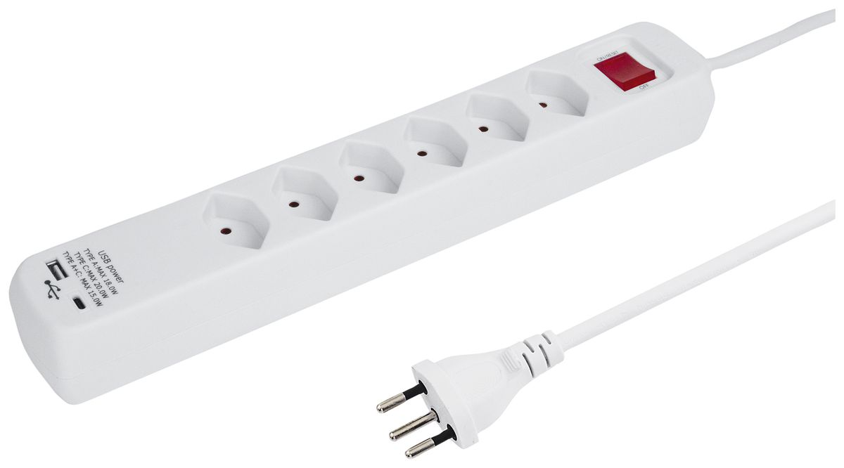 Prise multiple POWER EASY 6×T13 1×USB-A 1×USB-C avec interrupteur 1.5m blanc