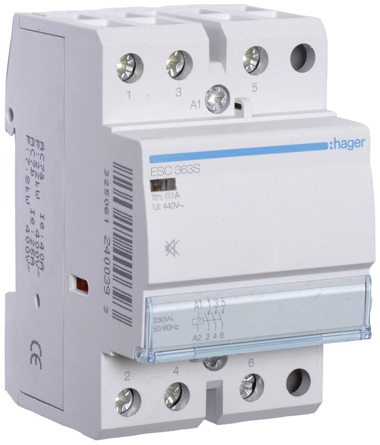 REG-Schütz Hager 230VAC 3 Schliesser 0 Öffner 63A brummfrei 3TE