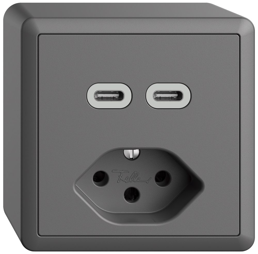 AP-Steckdose USB 2×Typ C + Typ 13 Feller EDIZIOdue FX54 230V 3000mA dunkelgrau