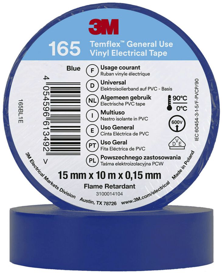 Ruban isolant 3M Temflex 165 15mm×10m×0.15mm bleu VDE 600V 0…90°C