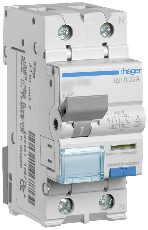 Disgiuntore differenziale Hager RCBO 2P 240V car.C 6A 0.03A tipo A 10kA 2UM