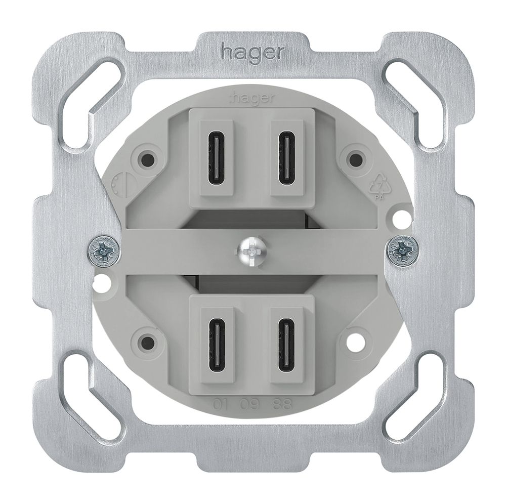 UP-USB-Ladesteckdose Hager 2×C-C 2×20W oder 4×10W 5V 77×77mm aluminium