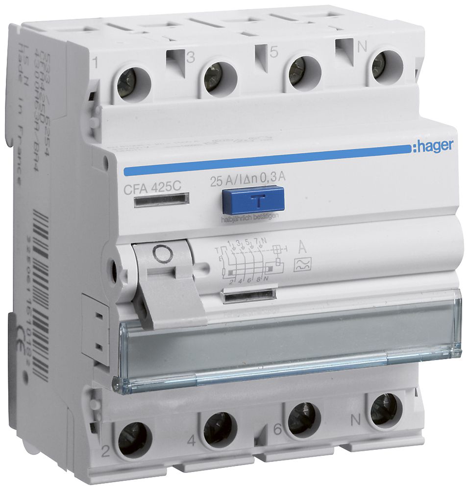 Interruttore differenziale Hager RCCB (RCD) 4P 400V 0.3A tipo A 25A 4UM