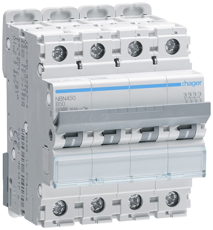 Leitungsschutzschalter Hager MCB 4P 415V Typ B 50A Icn 10kA Icu 15 kA 4TE