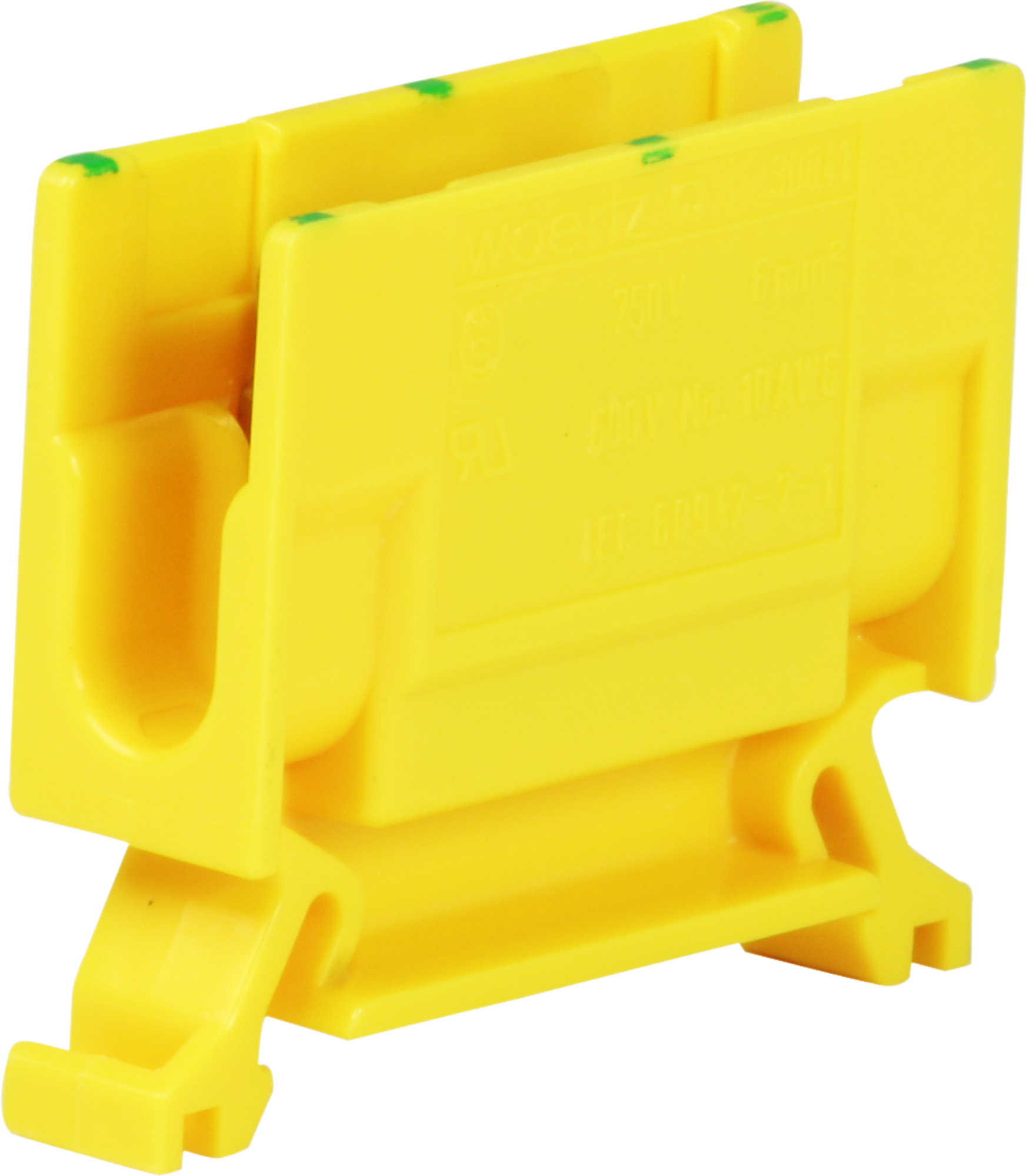 Borne de dérivation Woertz 2.5…6mm² 41A 750V vis 2×1 rail DIN 35mm vert/jaune
