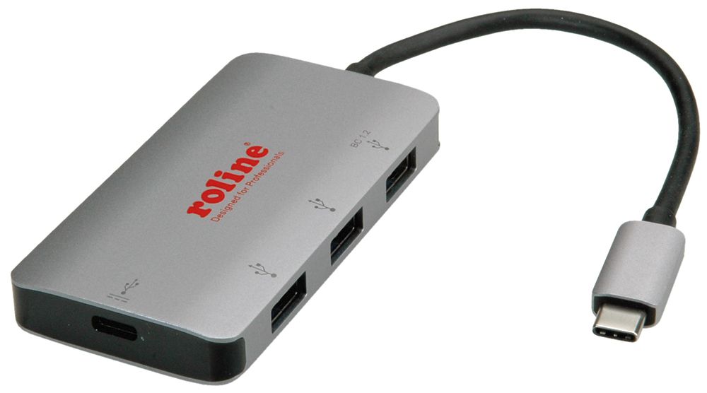 USB Hub ROLINE, USB-C → 3×USB-A (USB 3.2 Gen1), 1×USB-C PD, 5Gbit/s, aluminium