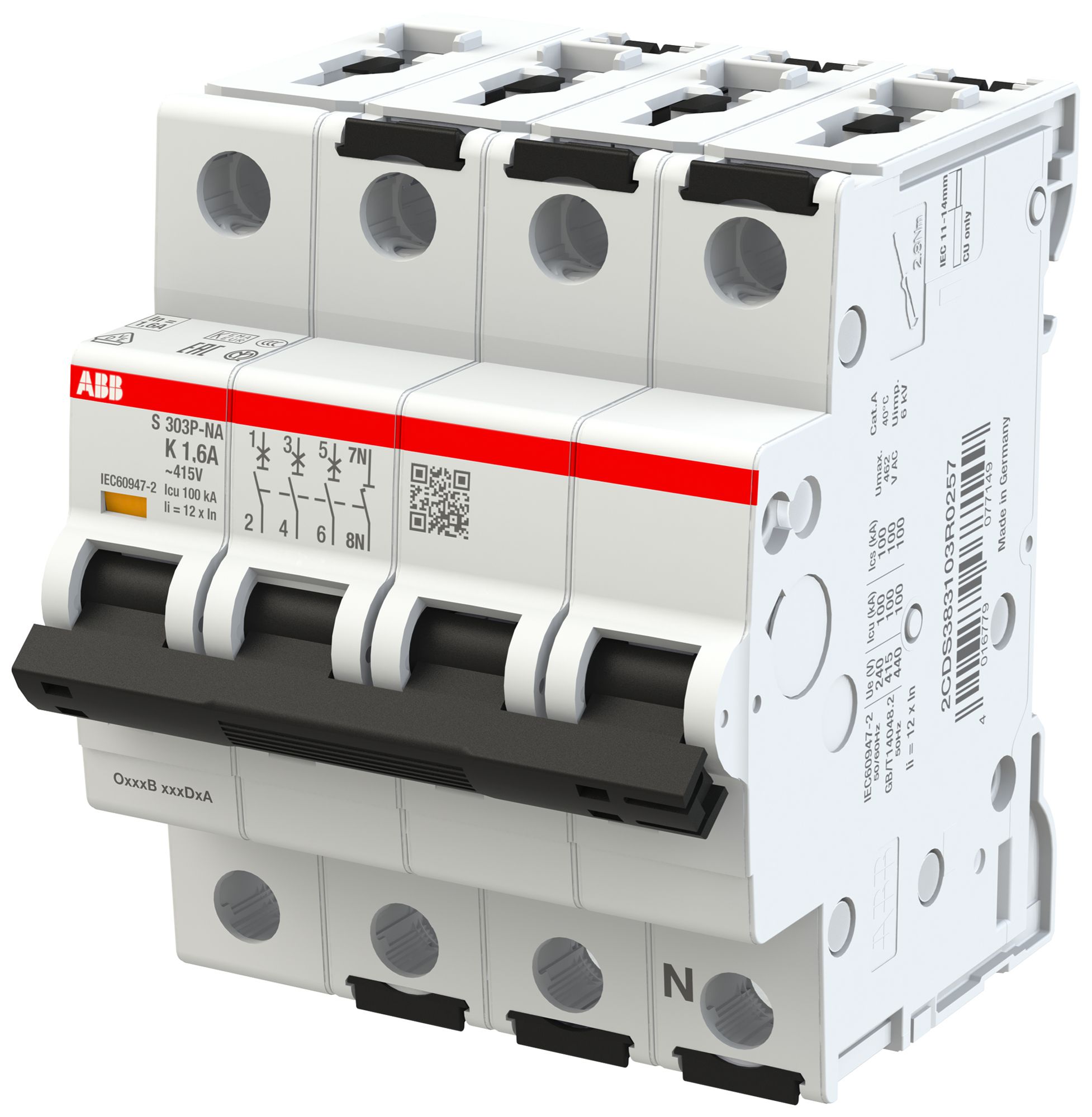 Leitungsschutzschalter ABB MCB S300P 3P+N 415V Typ K 1.6A Icn 25kA Icu 100kA 4TE