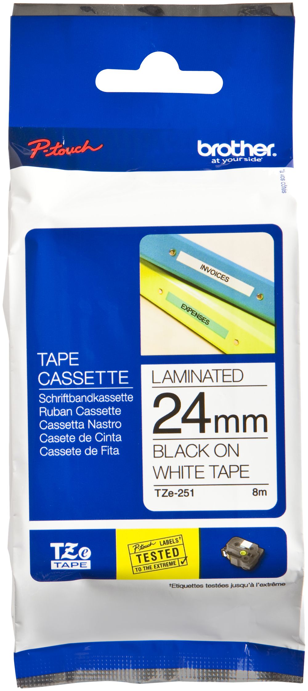 Cassette ruban Brother TZe-251 24mm×8m, blanc/noir