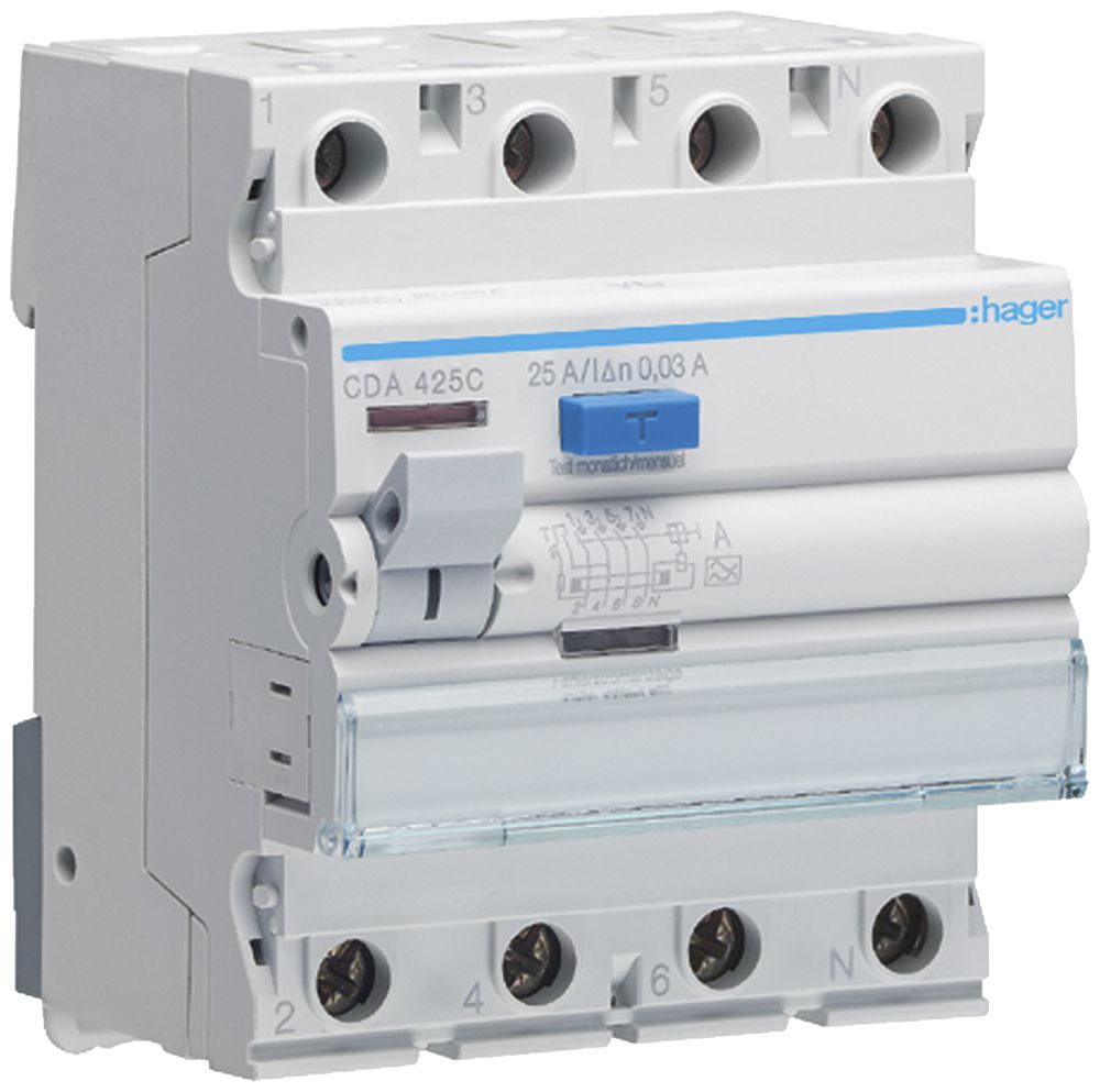 Fehlerstrom-Schutzschalter Hager RCCB (RCD) 4P 400V 0.03A Typ A 25A 4TE