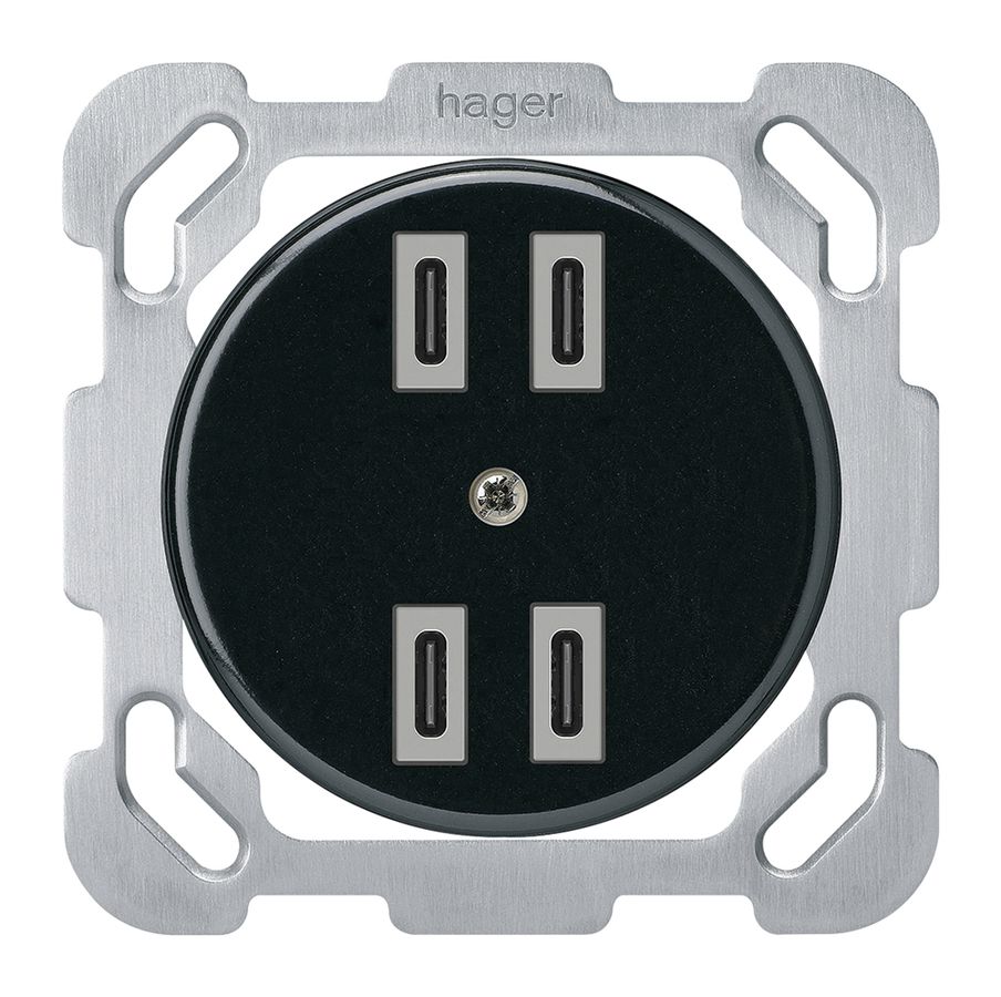 UP-USB-Ladesteckdose Hager basico 2×C-C 2×20W oder 4×10W 5V 77×77mm schwarz