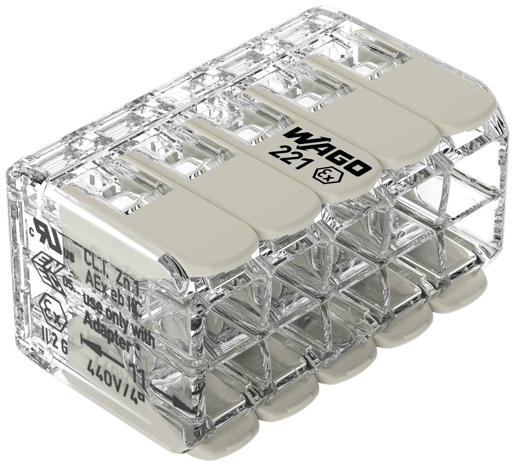 Borne de connexion WAGO 221 10×0.2…4mm² levier 32A 440V gris transparent