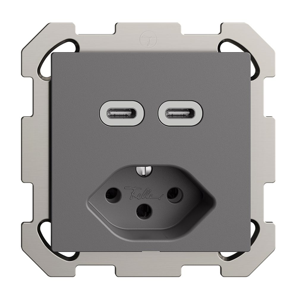 UP-Steckdose USB 2×Typ C + Typ 13 Feller EDIZIOdue FM 230V 3000mA dunkelgrau
