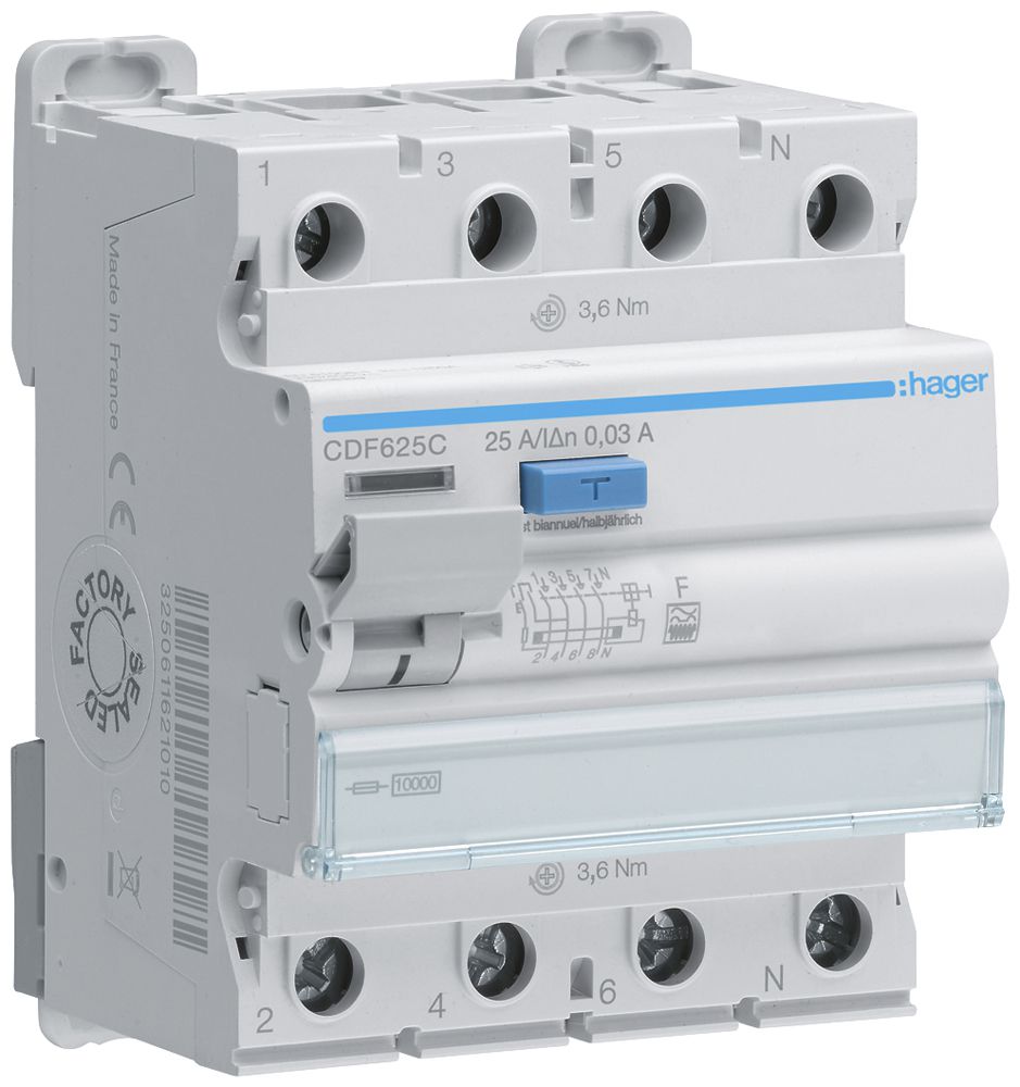 Interruttore differenziale Hager RCCB (RCD) 4P 400V 0.03A tipo F 25A 10kA 4UM