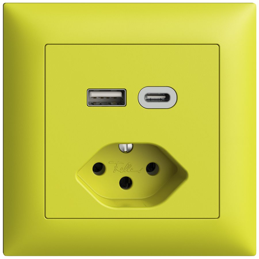 Prise ENC USB type A+C + type 13 Feller EDIZIOdue FMI 230V 3000mA lemon