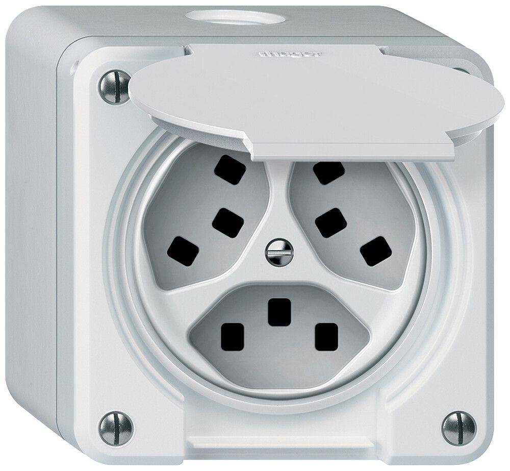 AP-Steckdose robusto 3×T23 16A 250V 86×86mm IP21 weiss
