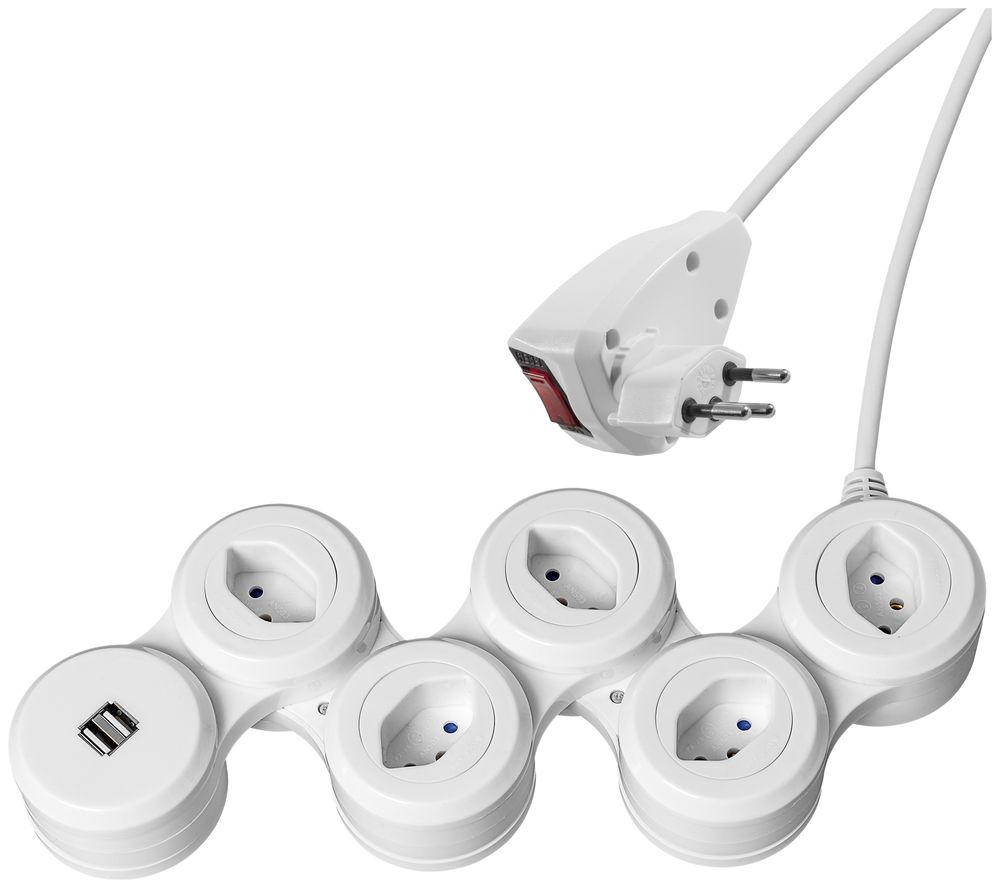 Prise multiple STEBA SNAKE 5×T13, 2×USB avec interrupteur 1.5m blanc