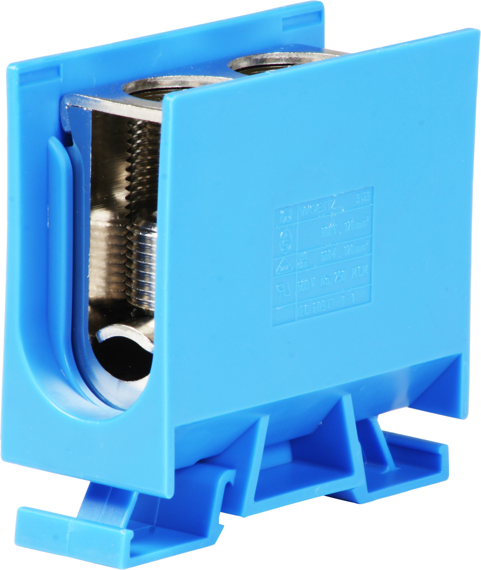 Borne de dérivation Woertz 70…120mm² 269A 800V vis 2×1 rail DIN 35mm bleu