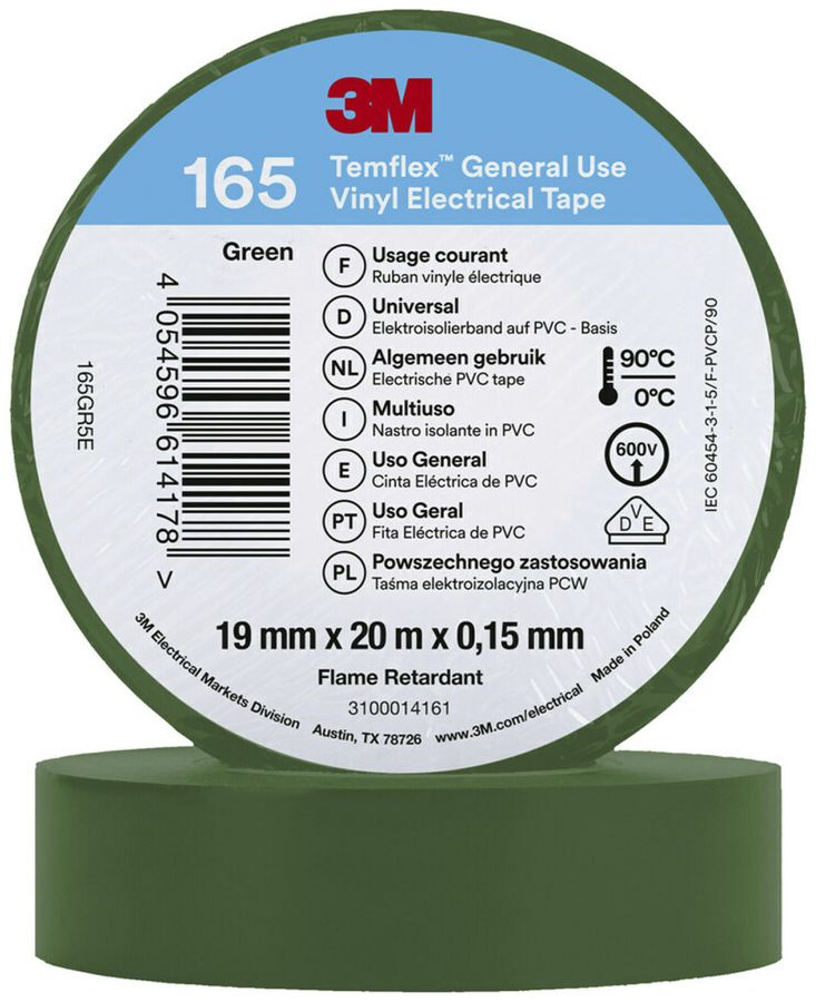 Ruban isolant 3M Temflex 165 19mm×20m×0.15mm vert VDE 600V 0…90°C