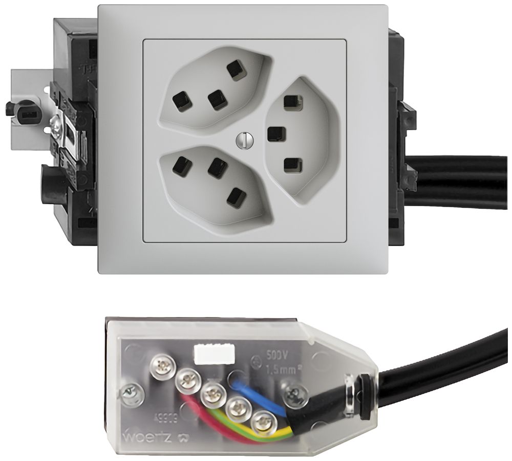 EB-Steckdose 3×T23 16A hellgrau 53mm L2 EDIZIOdue für Technofil