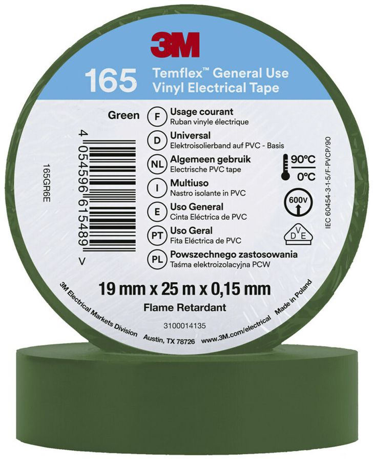 Ruban isolant 3M Temflex 165 19mm×25m×0.15mm vert VDE 600V 0…90°C