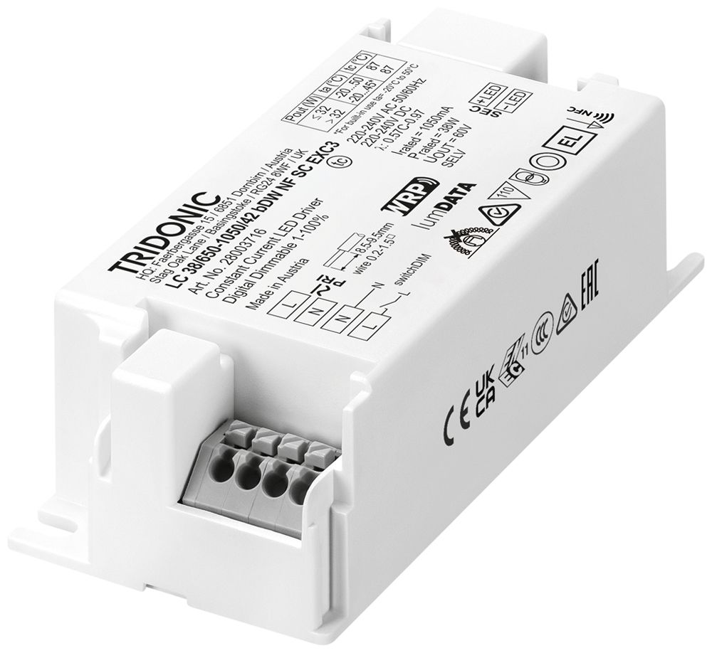 Alimentation LED Tridonic LC NFC EXC3 27.3…38W 7.5…42V 650…1050mA VAR 97×43×30mm
