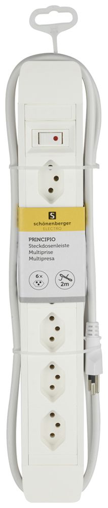 Steckdosenleiste PRINCIPIO 6×Typ 13 horizontal Kabel 2m Schalter weiss