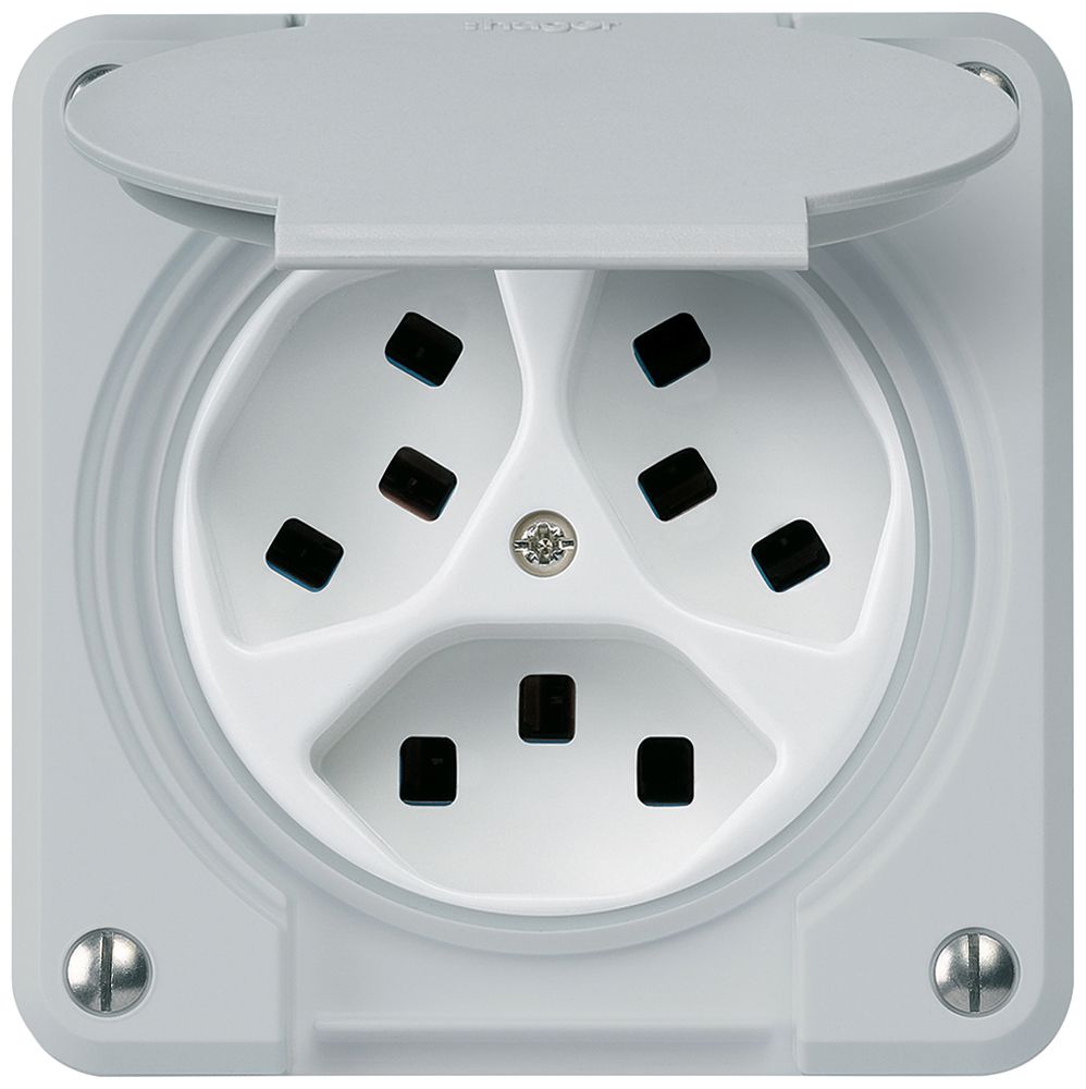 UP-Steckdose Hager robusto, 3×T23, mit Klappdeckel C, grau