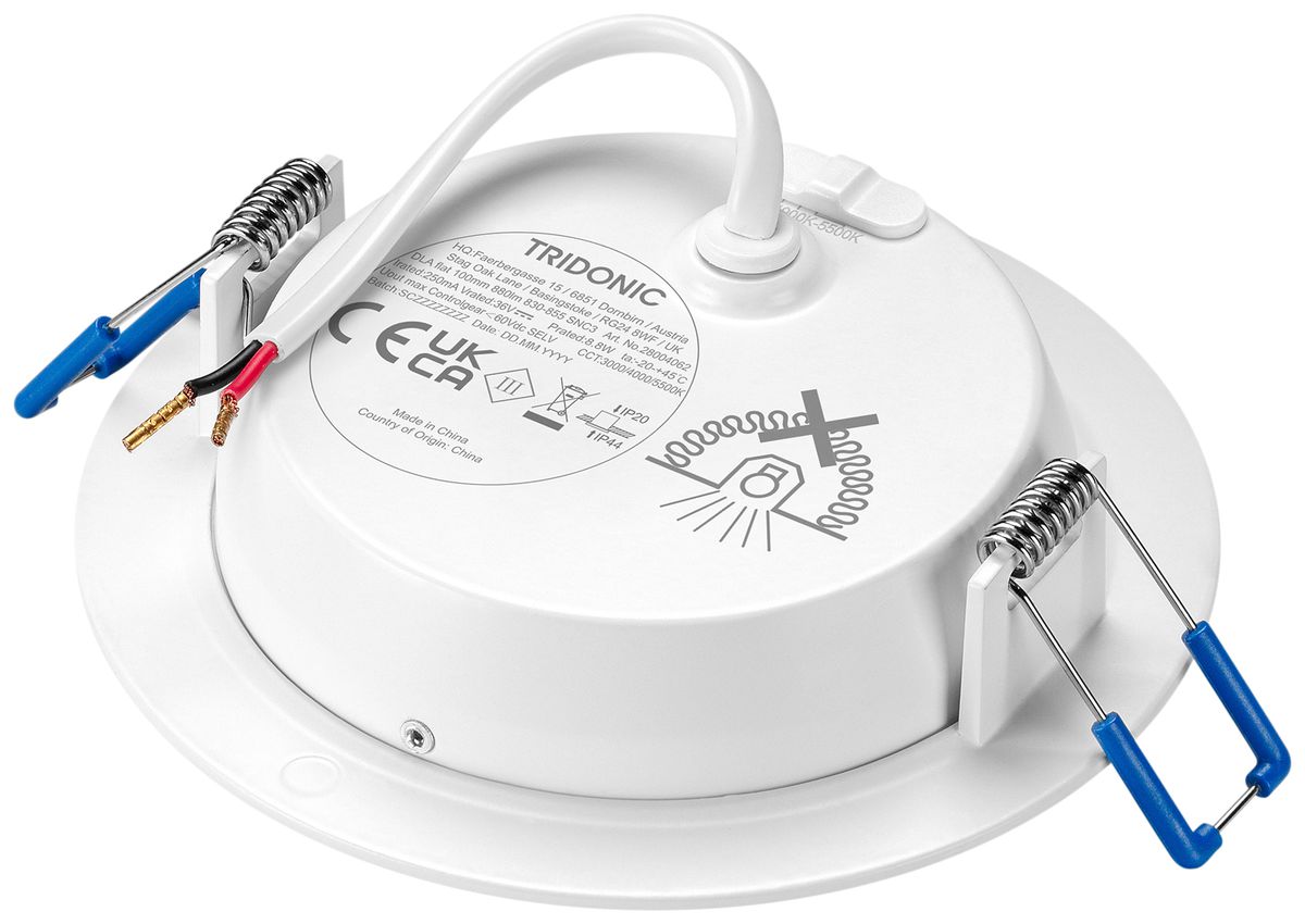 Downlight LED Tridonic DLA flat 8.8W 3000…5500K IP44 VWB Ø122×27mm blanc