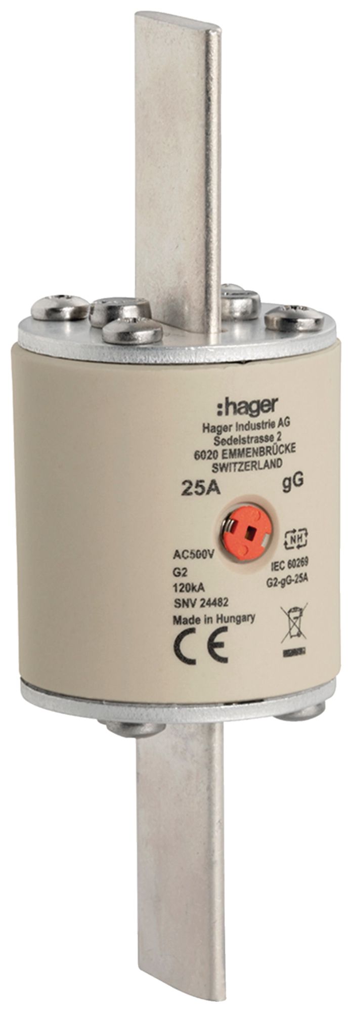 Fusibile HPC Hager SEV G2 500V AC 25A gG indicatore centrale