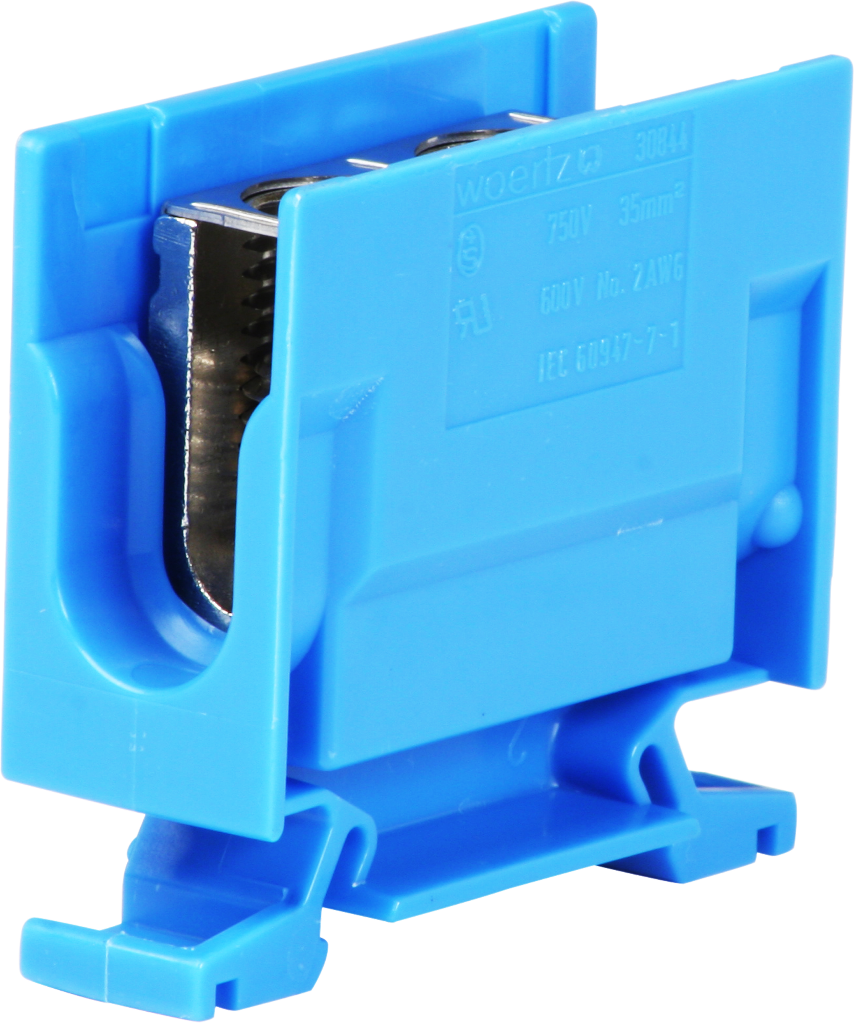 Borne de dérivation Woertz 16…35mm² 125A 750V vis 2×1 rail DIN 35mm bleu