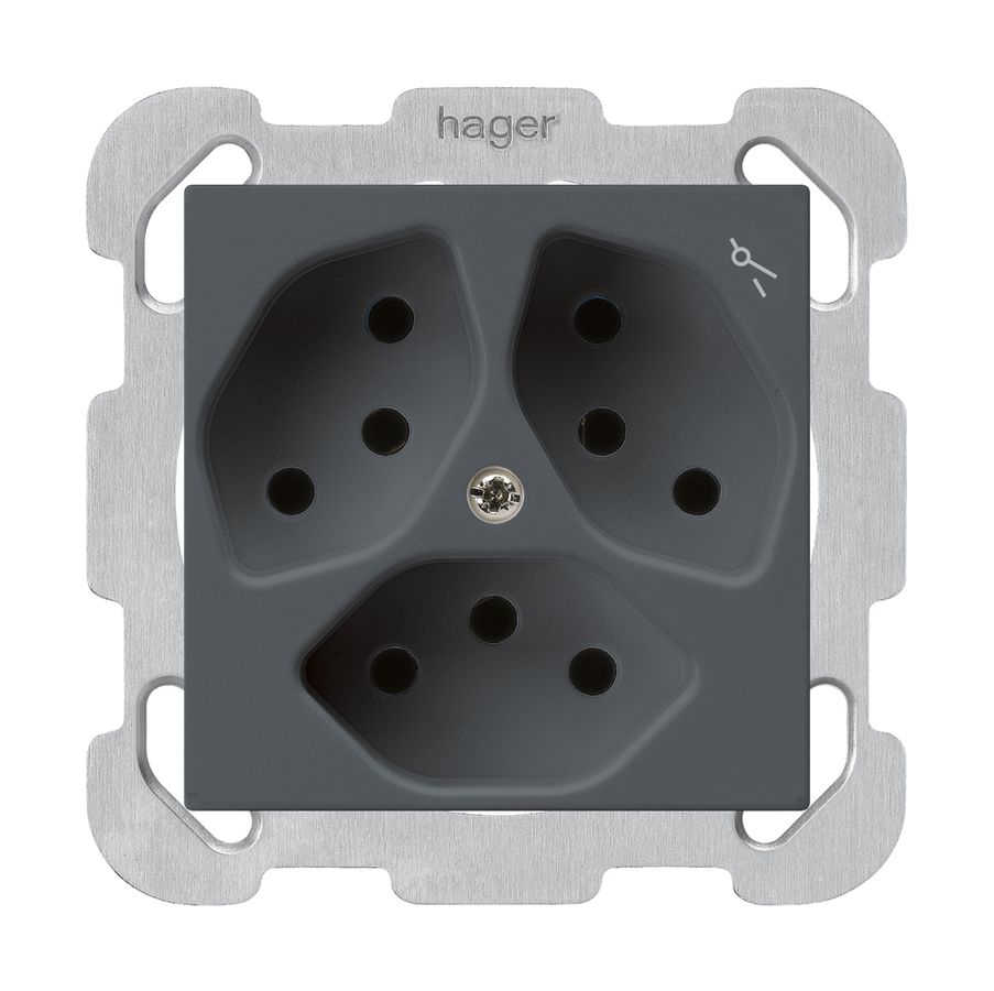 UP-Steckdose kallysto 3×T13 anthrazit mit Kinderschutz mit Befestigungsplatte