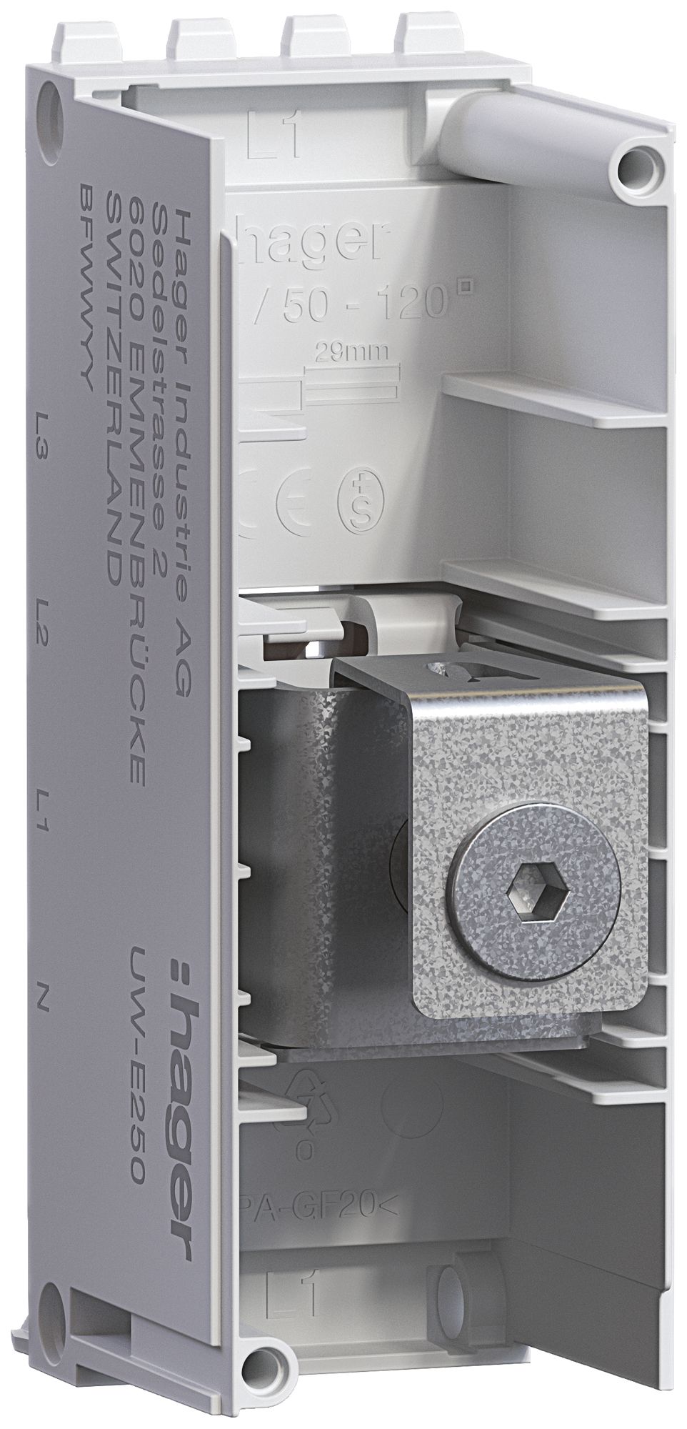 Module d'alimentation Hager uniway 250A, L1, sans couvercle, largeur 36mm