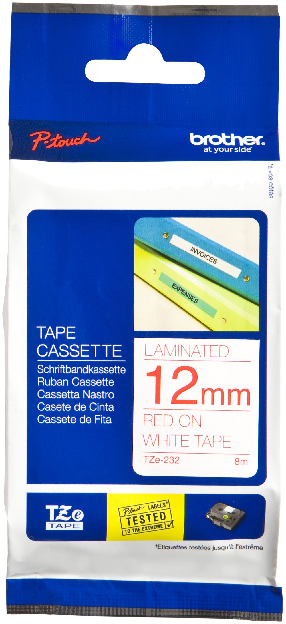 Cassette ruban Brother TZe-232 12mm×8m, blanc/rouge