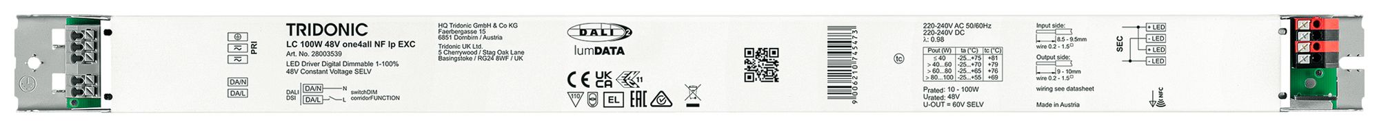 Alimentation LED Tridonic LC NFC EXC 10…100W 48V 210…2085mA DALI2 425×30×21mm