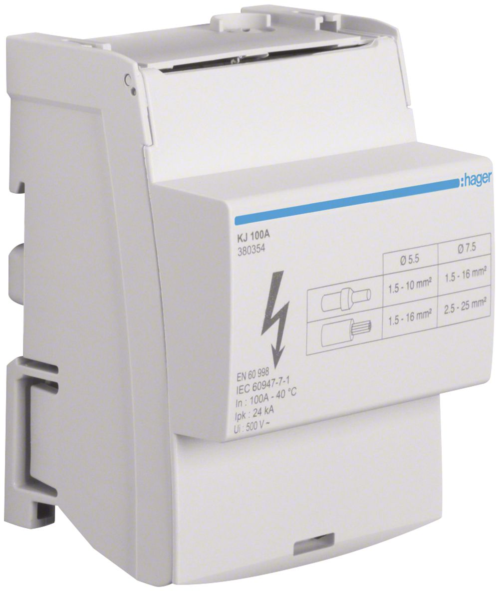 Messingschienenverteiler Hager 100A 4P 1.5…25mm² 71×97×44mm