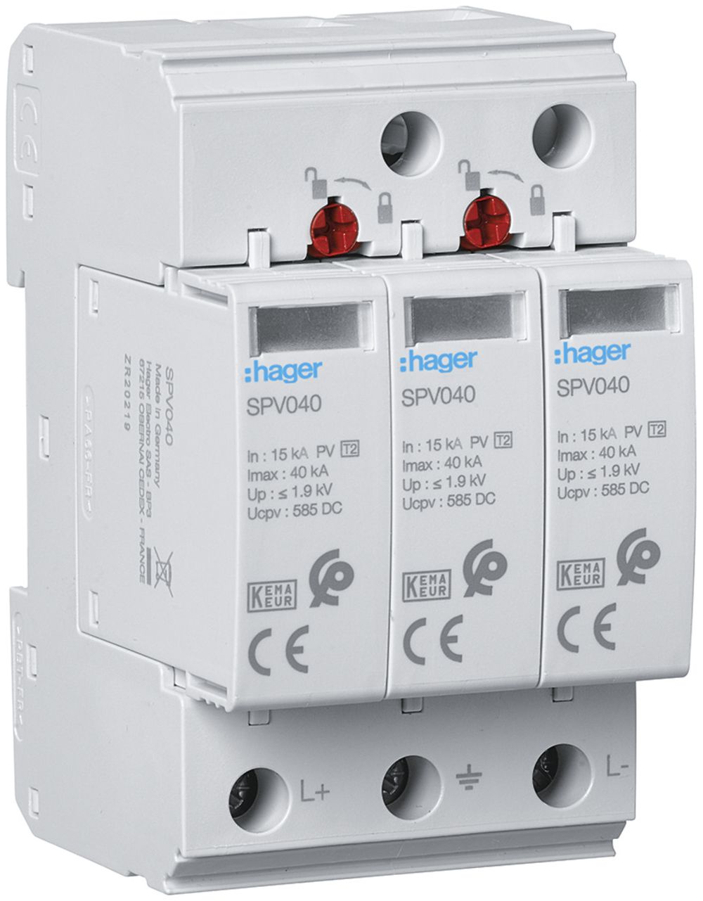 Überspannungsableiter Hager SPD 3P 15kA DC TN-C-S Imax 40kA Up 1.9kV PV