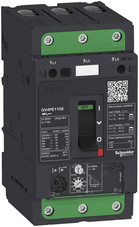 Salvamotore Tesys GV4PE115B, 115A, termico/magnetica, 25KA
