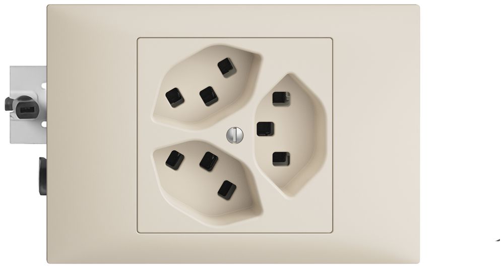 EB-Steckdose 3×T23 16A crema, 53mm EDIZIOdue, mit Steckklemmen