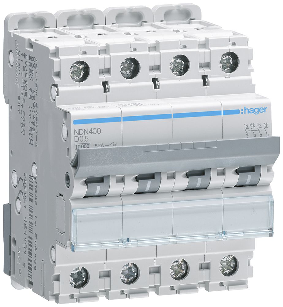 Leitungsschutzschalter Hager MCB 4P 415V Typ D 0.5A Icn 10kA Icu 15kA 4TE