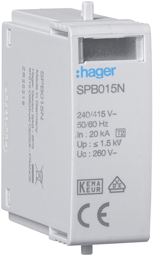 Module enfichable Hager SPB T2 N-PE 20kA Uc 260V Imax 40kA Up 1.5kV 1UM