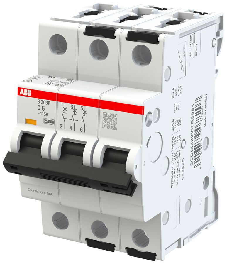 Leitungsschutzschalter ABB MCB S300P 3P 415V Typ C 6A Icn 25kA Icu 100kA 3TE