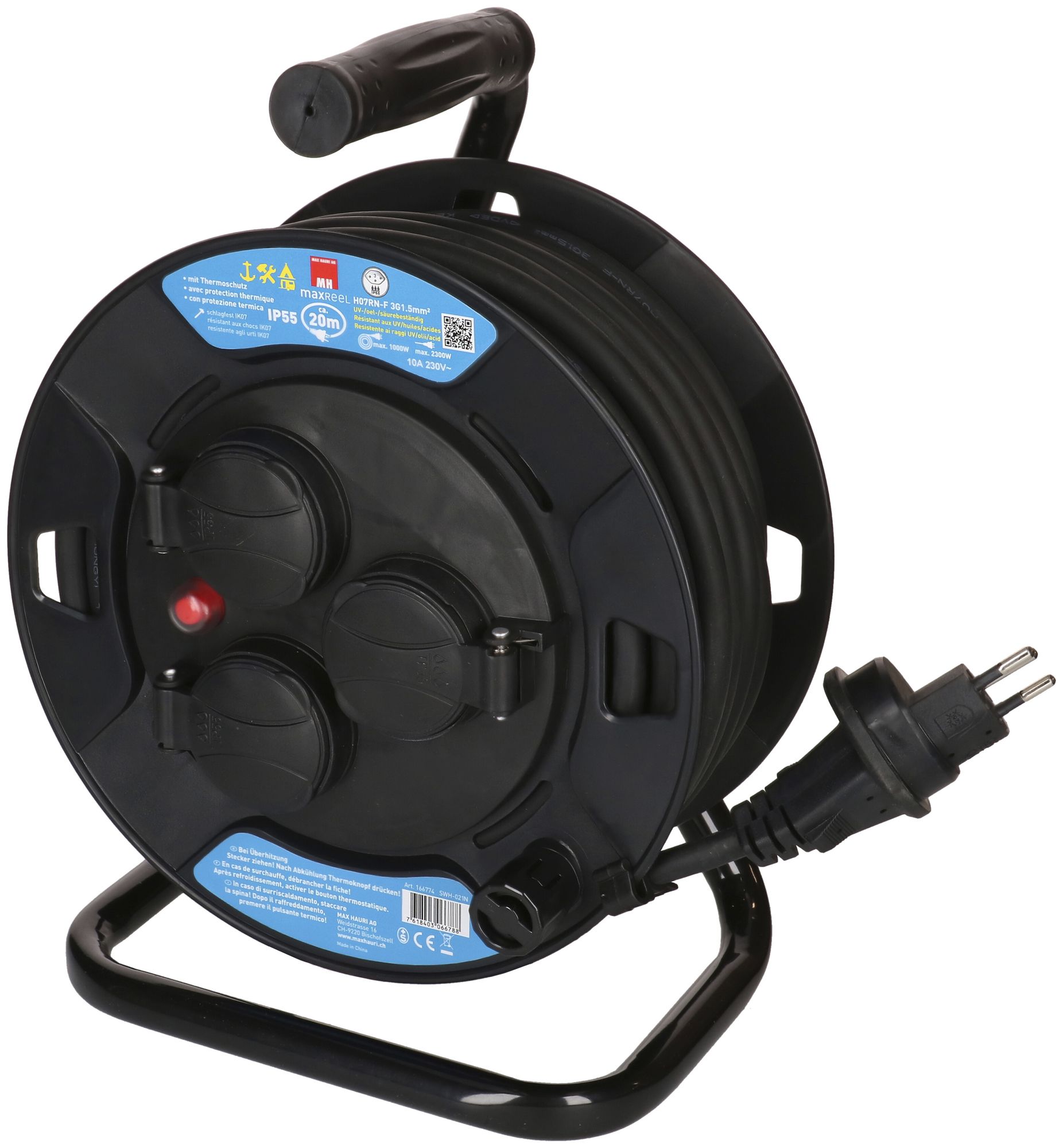 Enrouleur de câble MAX HAURI matière synth.230V 10A 3×T13 20m 3×1.5mm² IP55 noir