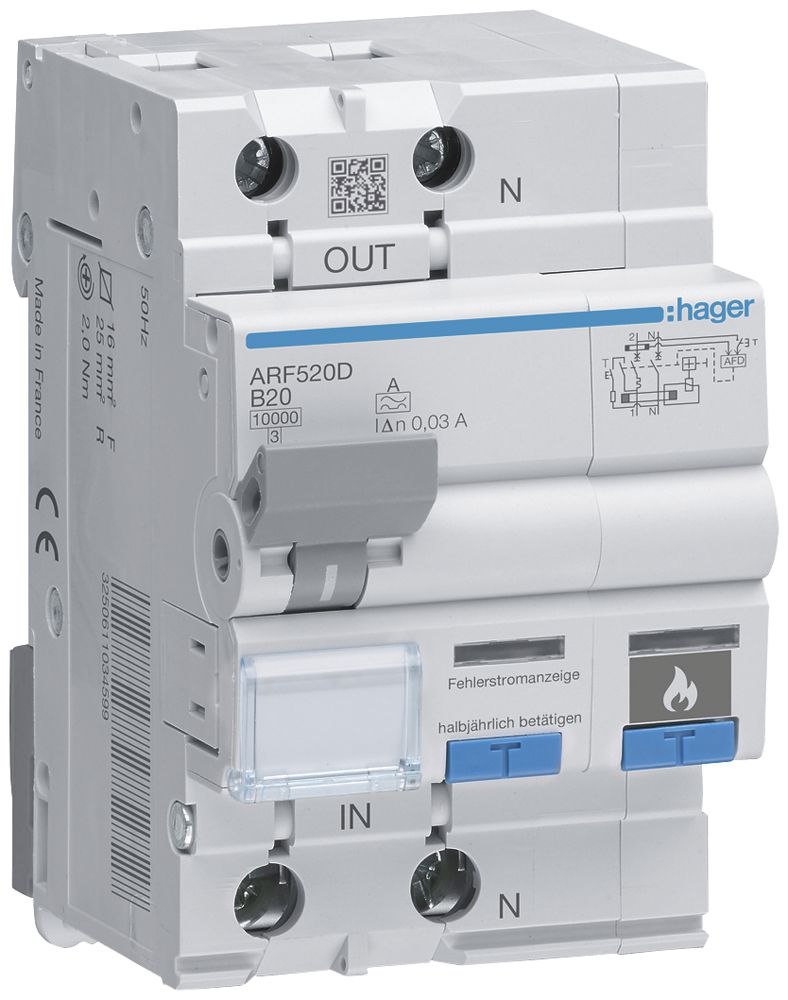 Brandschutzschalter Hager AFDD+FI/LS-Schalter, 1P+N 10kA B20A 30mA Typ A