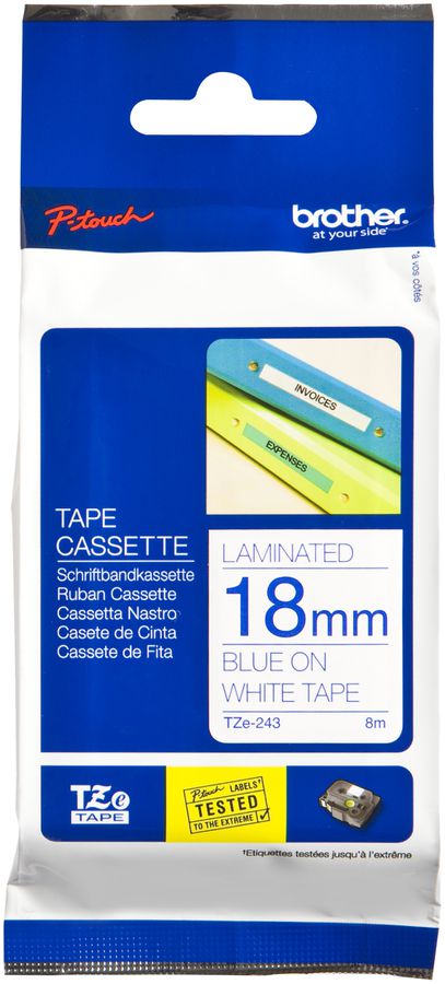 Cassetta nastro Brother TZe-243 18mm×8m, bianco/blu