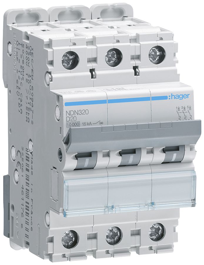 Leitungsschutzschalter Hager MCB 3P 415V Typ D 20A Icn 10kA Icu 15kA 3TE