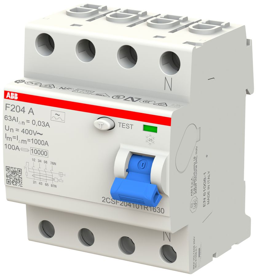 Interruttore differenziale ABB 30mA 63A 3P+N F204A-63/0.03