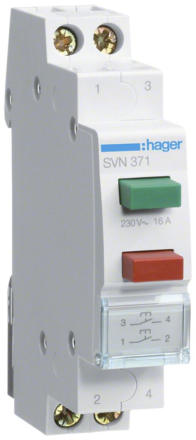 EB-Taster Hager 16A 230V 2 Schliesser 0 Öffner 0 Wechsler Knopf rot/grün 1TE