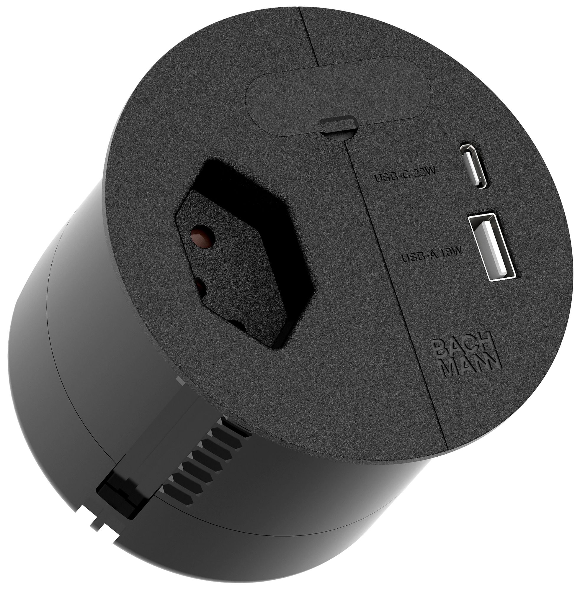 EB-Tischsteckdose BACHMANN LOOP IN CHARGE 1×T13 2×USB Ø80mm schwarz matt GST18