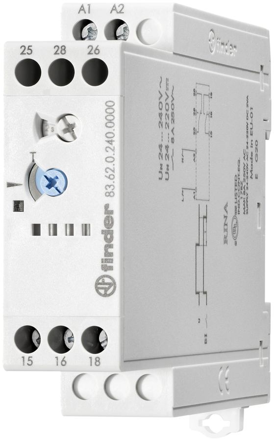 Relais temporisé INC Finder 83.62, 2C 8A 24…240VAC/DC déclenchement retardé 180s
